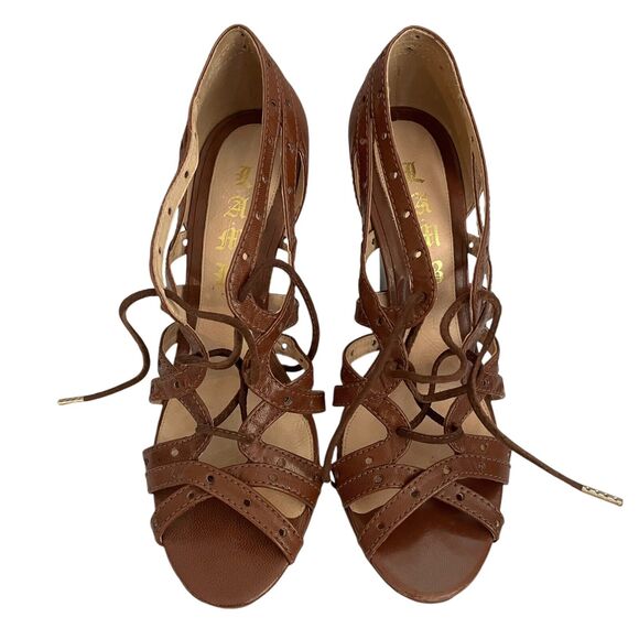 Y2K LAMB Lace Up Wedge Heels Brown Caged Leather Indie Lolita Boho Glam Open - Picture 9 of 12
